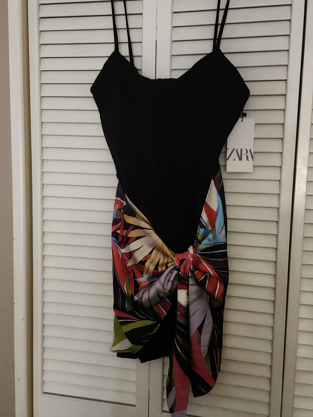 Zara Black Spaghetti-Strap Dress with Colorful Tropical Print